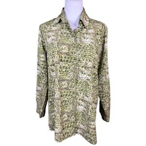 Liz Baker Essentials Green Leopard Basketweave Button Front Blouse Large